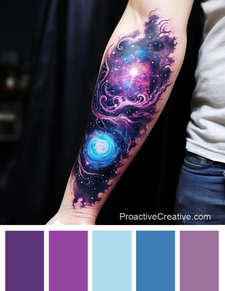 A tattoo with a purple, blue and green color palette.
