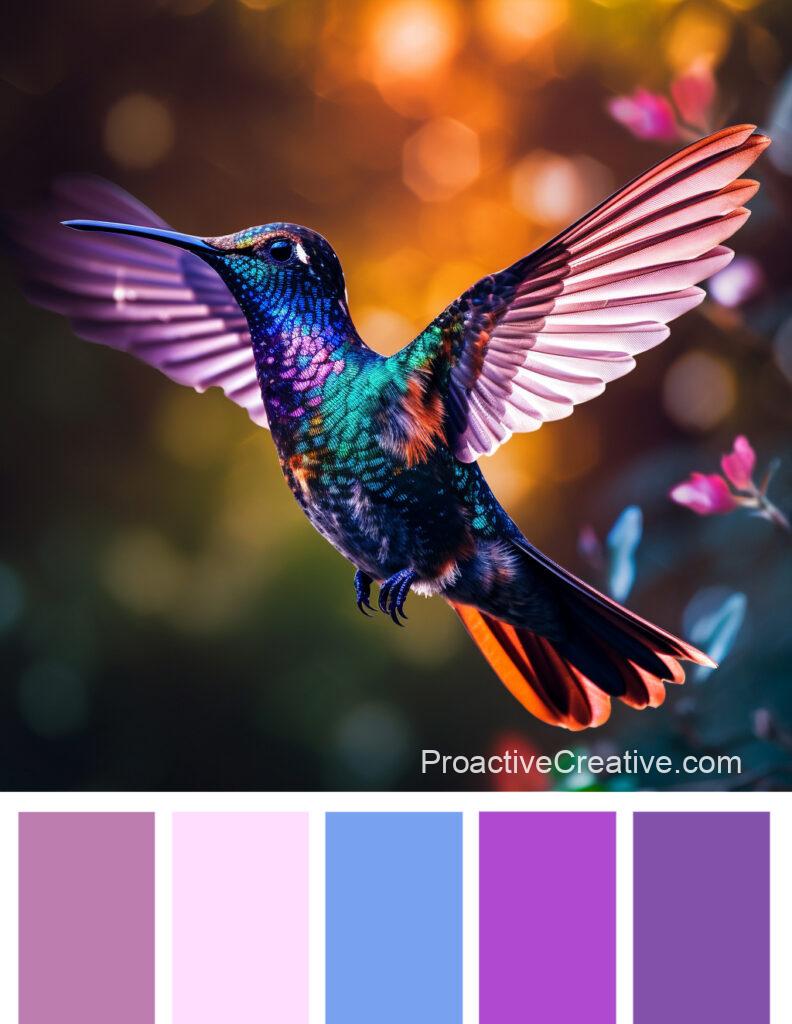 A hummingbird in flight with a purple color palette.