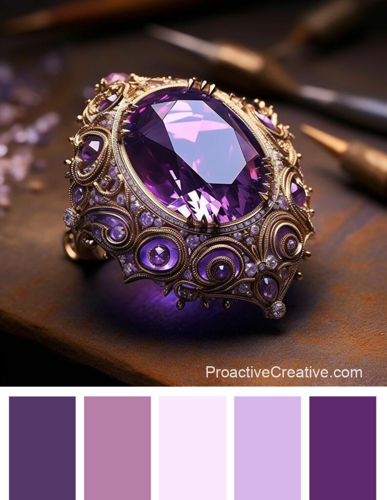 A purple color palette with an amethyst ring.