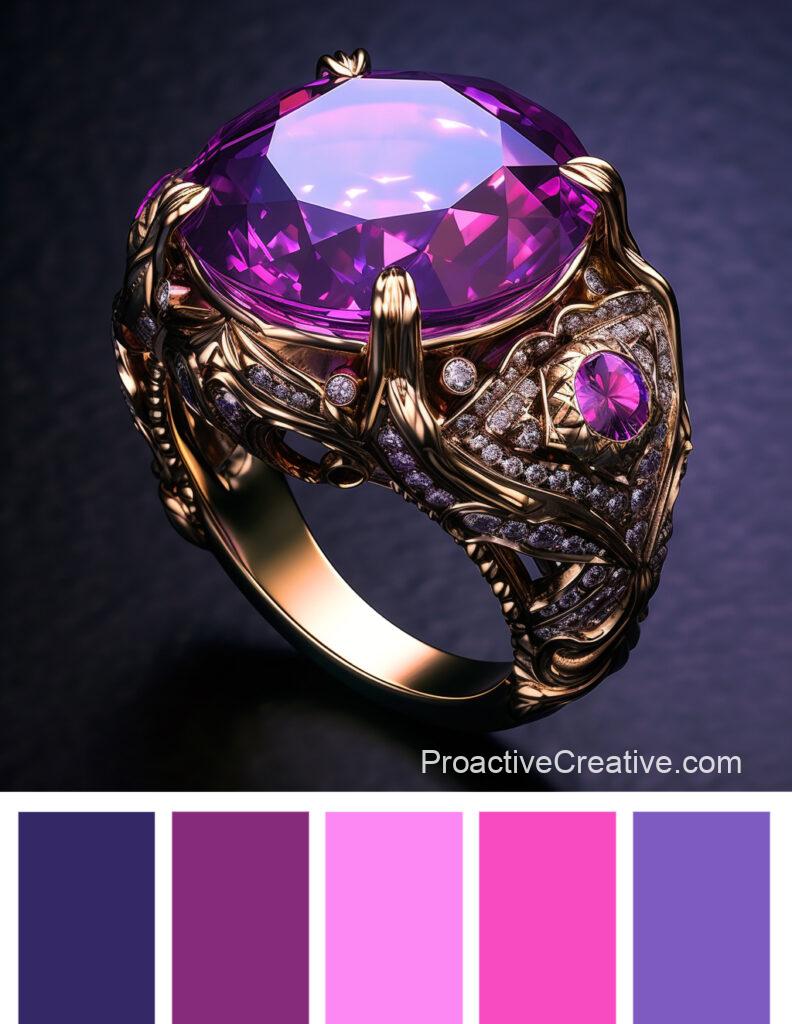 A ring with a purple stone and a purple color palette.
