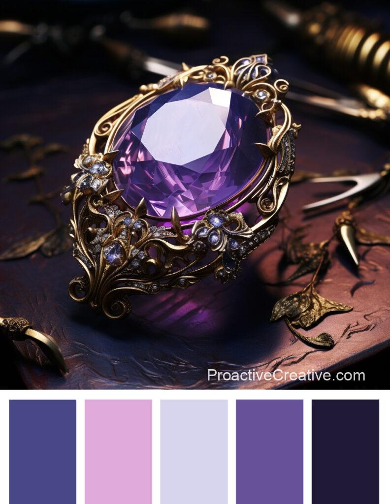 A purple and gold color palette with an amethyst stone.