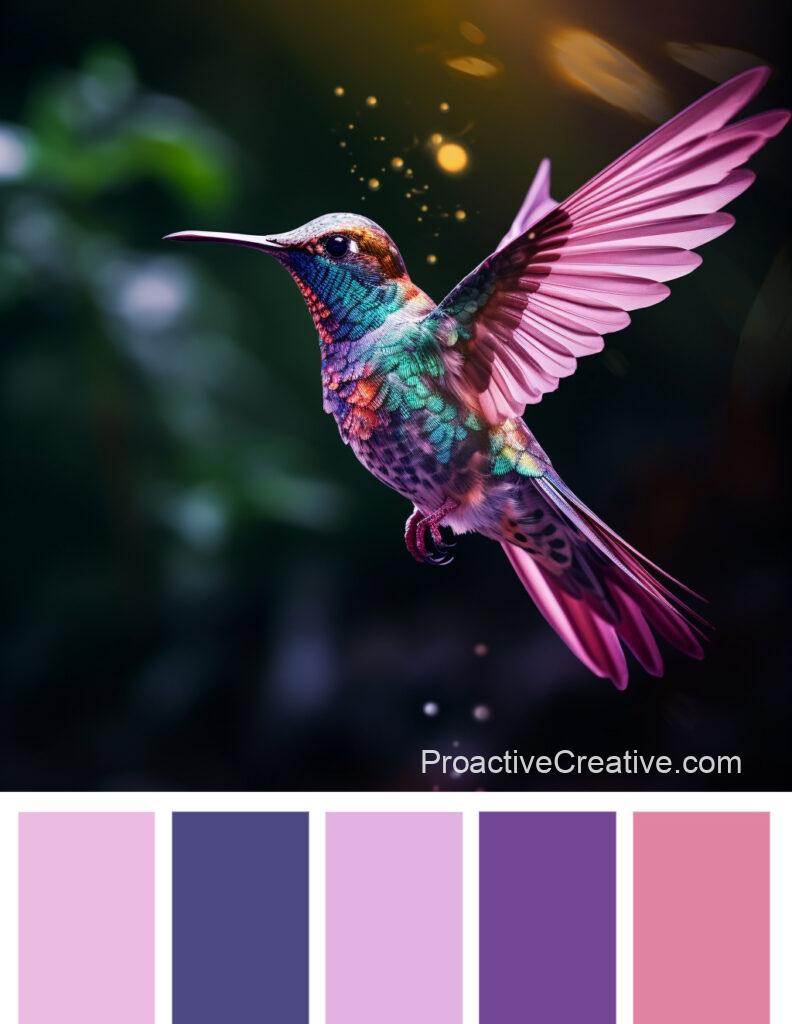 An image of a hummingbird flying over a purple and pink color palette.