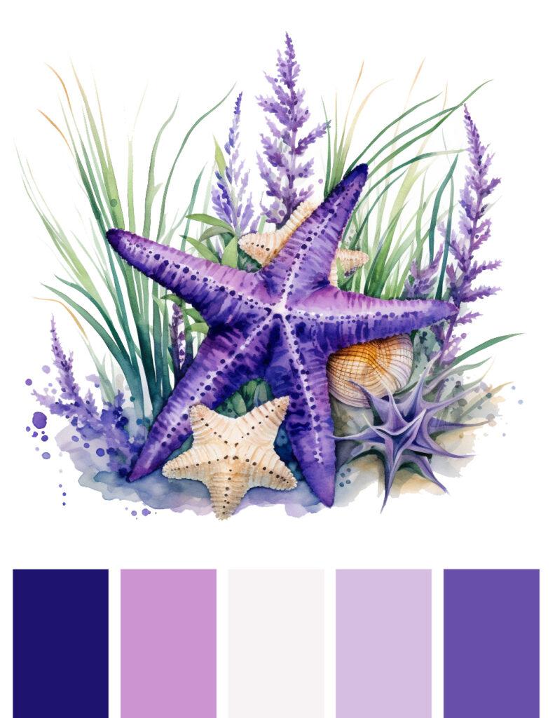 A purple color palette with a starfish and seaweed.