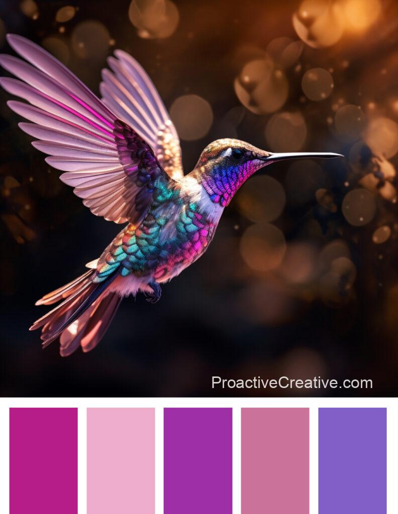 A hummingbird flying in the sky with a purple and pink color palette.