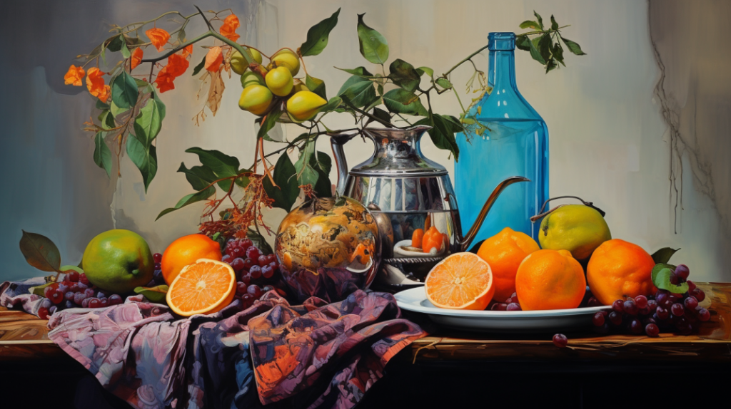 A painting of fruit on a table.