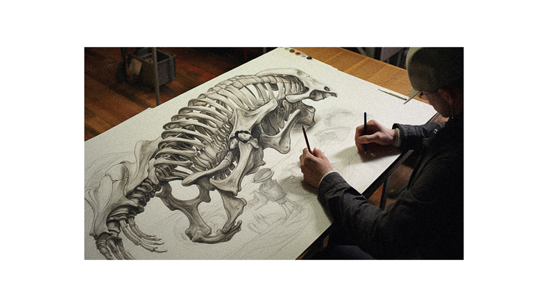 A man drawing a skeleton on a piece of paper.