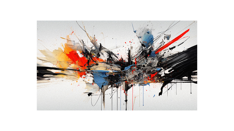 An abstract painting with paint splatters on a white background.