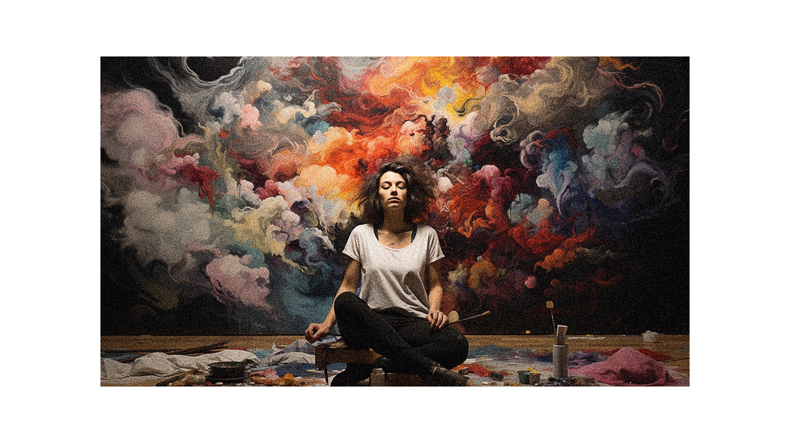 A woman sitting on the floor in front of a colorful painting.