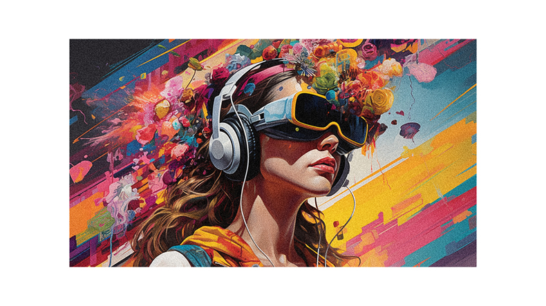 A painting of a woman with headphones on her head.