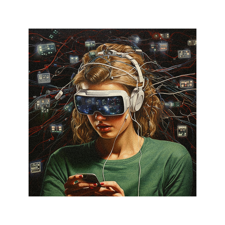 A painting of a woman wearing a vr headset.
