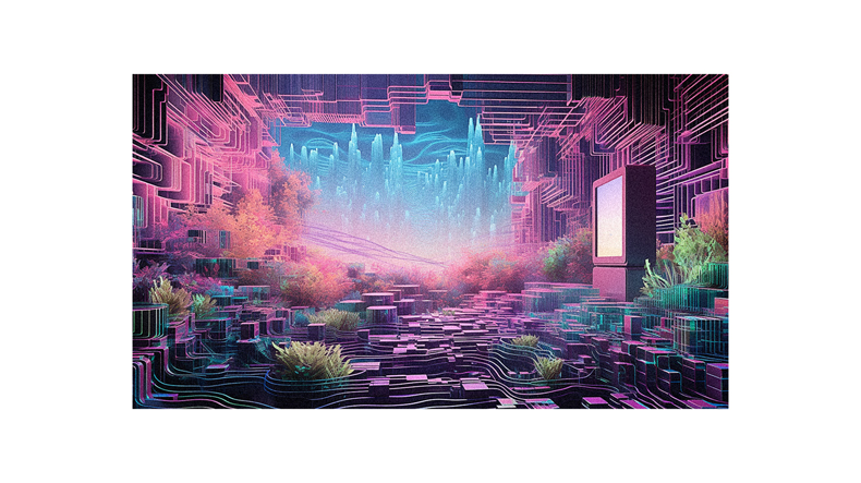 A painting of a futuristic city with plants and electronics.