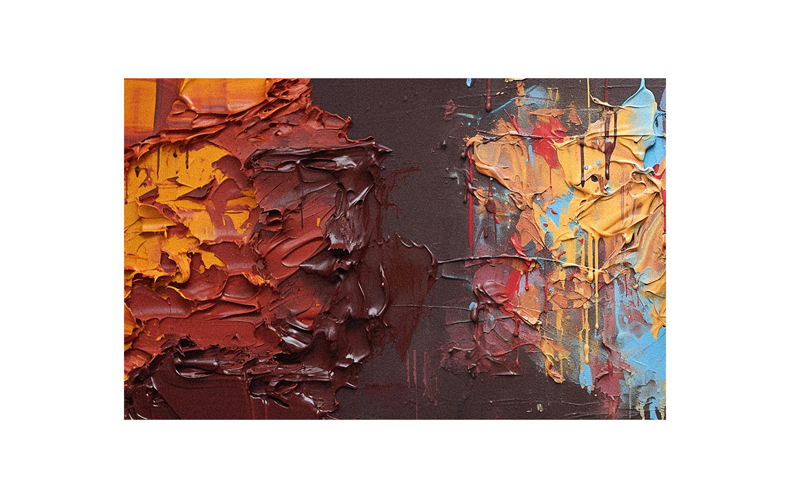 An abstract painting with red, orange, yellow and brown colors.