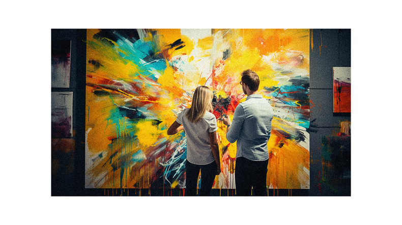 Two people looking at an abstract painting in an art gallery.