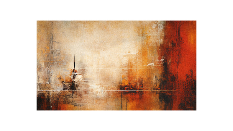 An abstract painting of a city in orange and white.