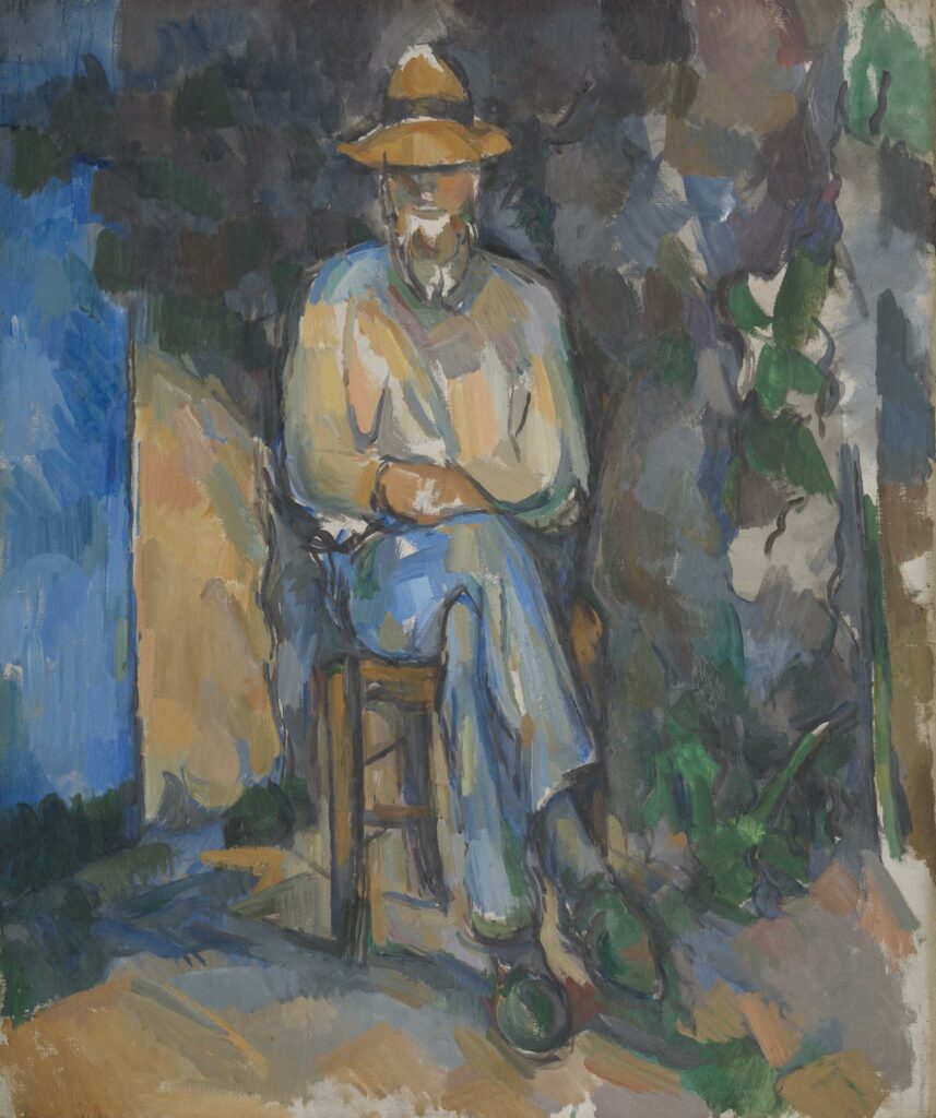 A painting of a man in a hat sitting on a chair.
