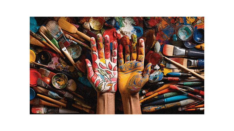 A painting of hands with paint brushes and paints.