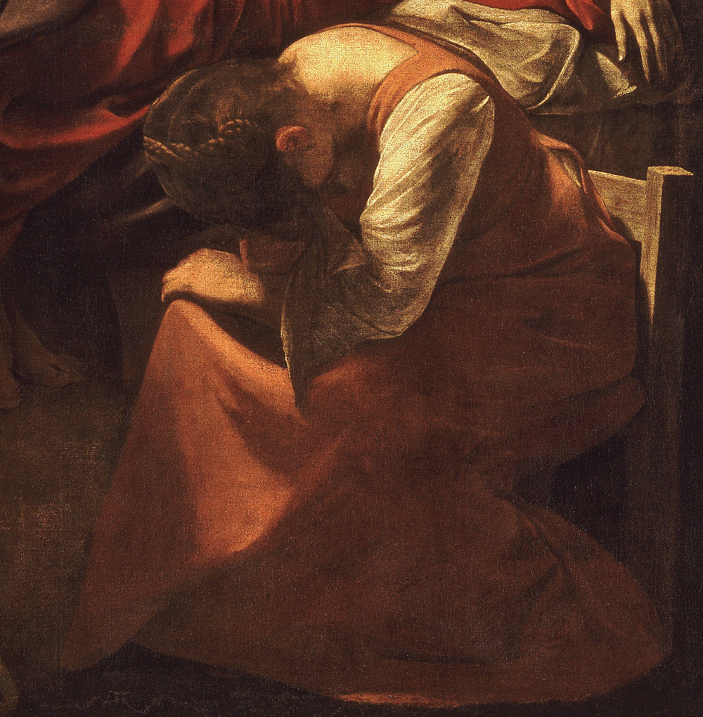 A painting of a woman kneeling down.