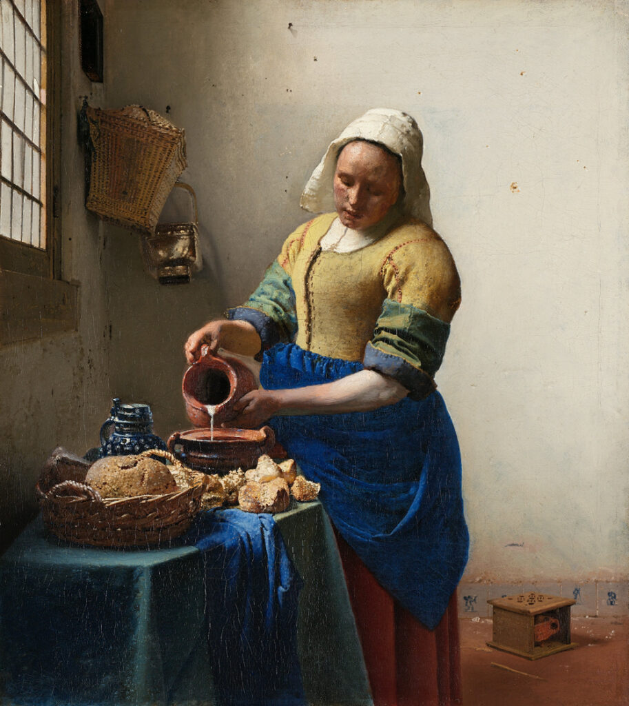 A painting of a woman pouring bread into a bowl.