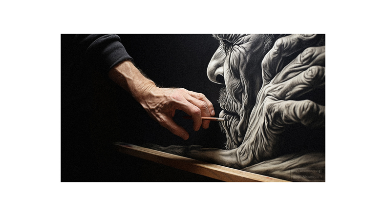 A man is painting a black and white drawing of a hand.
