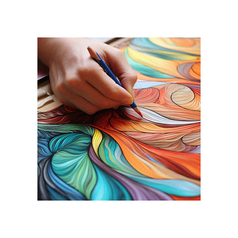 A person is drawing a colorful swirl on a piece of paper.