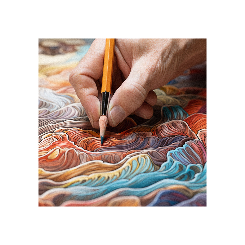 A person using a pencil to draw on a colorful painting.