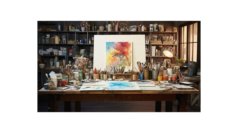 An artist's studio filled with paints and brushes.