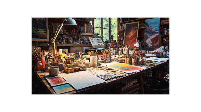 An artist's studio with a lot of art supplies.