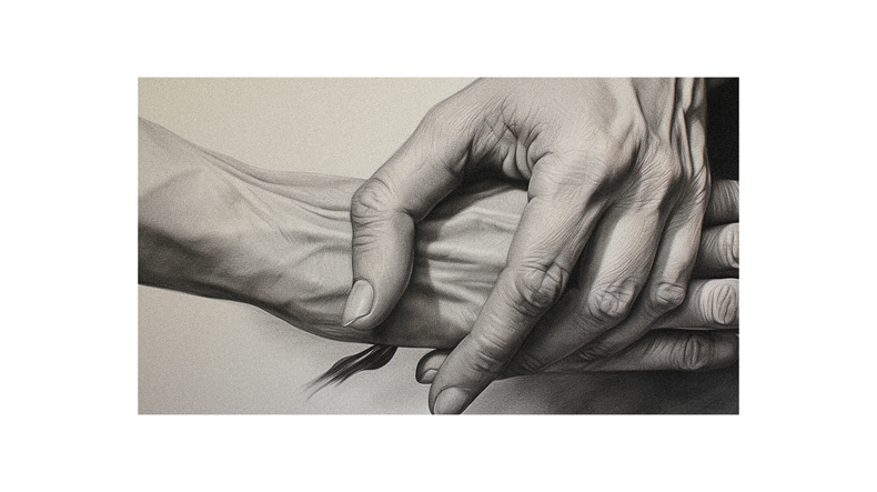 A drawing of two hands holding each other.