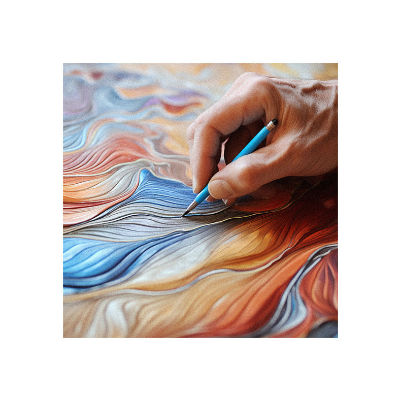 A person is painting with a blue pen on a colorful painting.