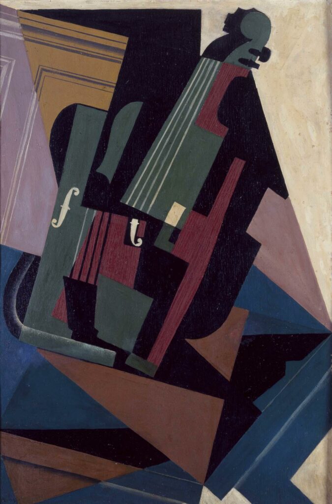 A painting of a violin on a table.