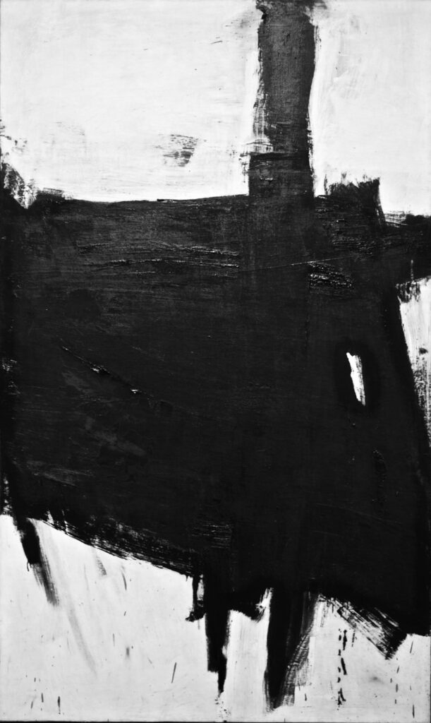 A black and white painting with a white background.