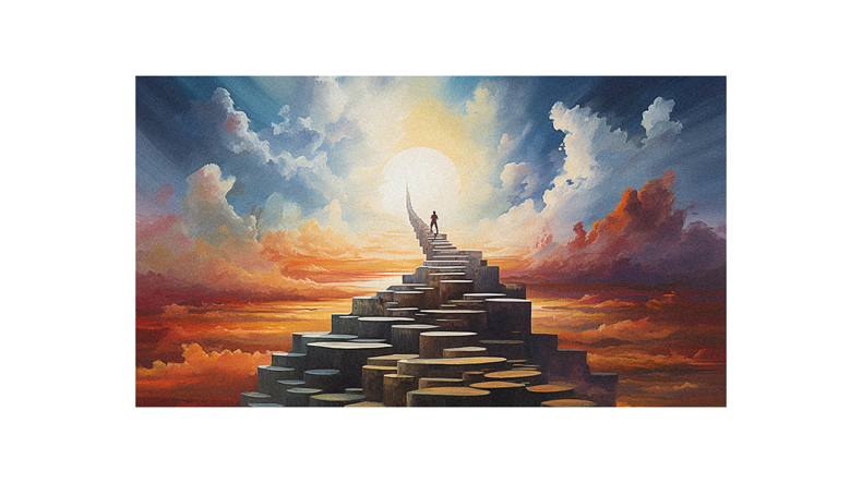 A painting of a person standing on a stairway to heaven.