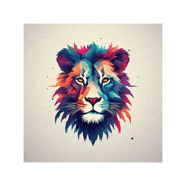 A colorful lion head on a white background.