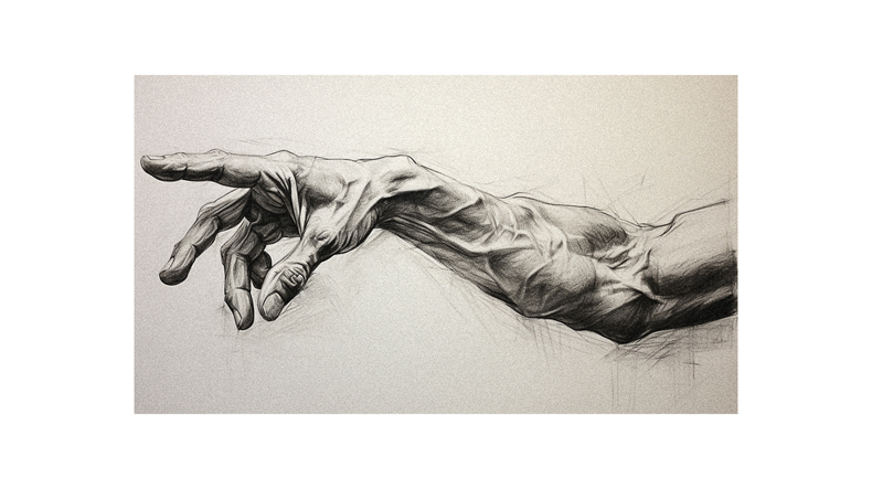 A drawing of a hand reaching out.