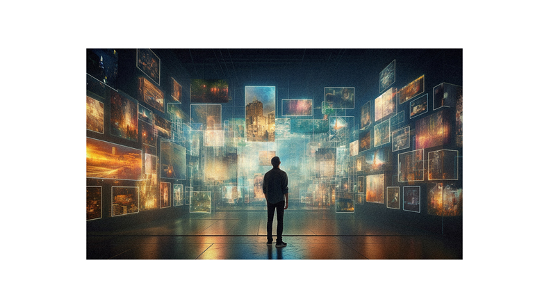 A man standing in front of a room full of pictures.