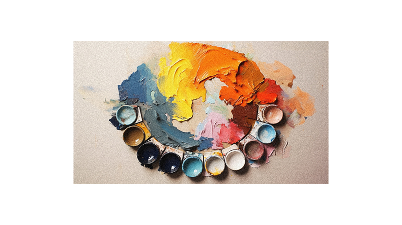 A group of colorful paint brushes arranged in a circle.