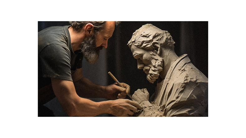 A man is working on a statue of a man.