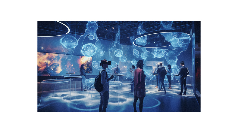 A group of people standing in front of a futuristic exhibit.
