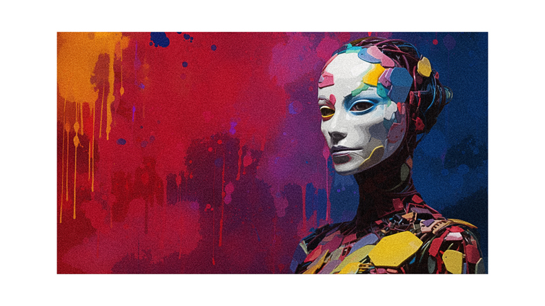 A painting of a woman with colorful paint on her face.