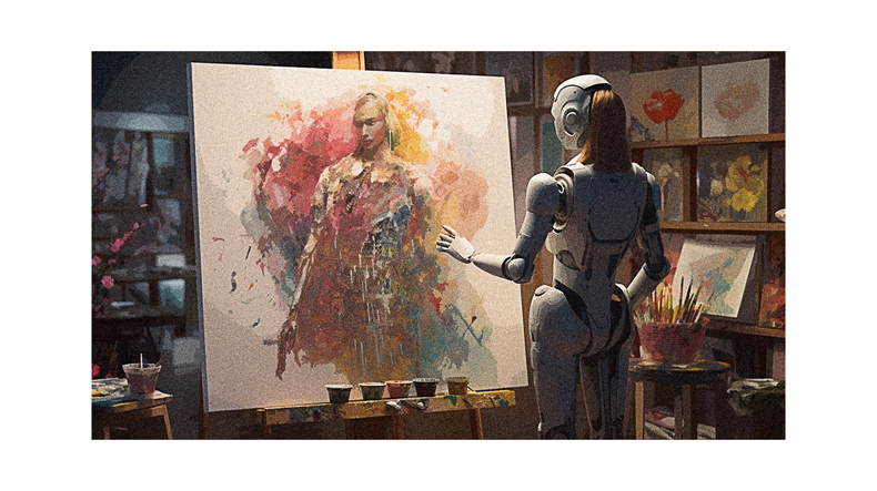 A robot is painting a painting on an easel.