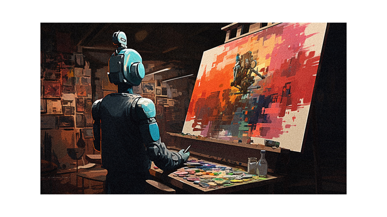 A robot is painting in front of an easel.