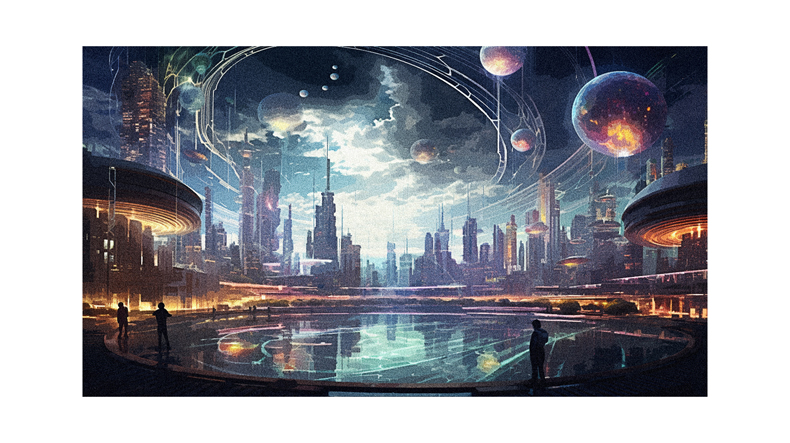 A painting of a futuristic city with planets in the sky.