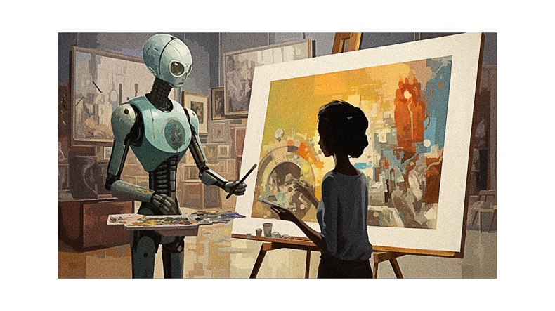 A robot is painting with a woman in front of an easel.