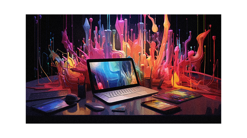 An image of a laptop with colorful paint on it.