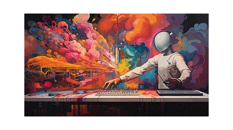 A painting of a man playing a dj.