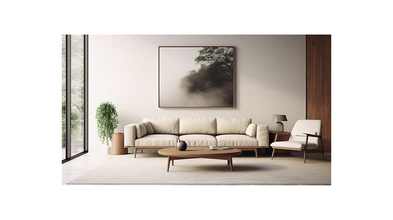 A living room with a white couch and a large painting.