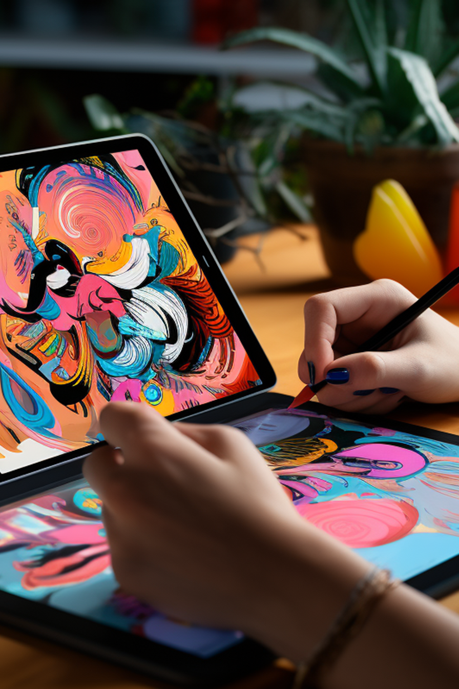 A woman is drawing on an ipad pro.
