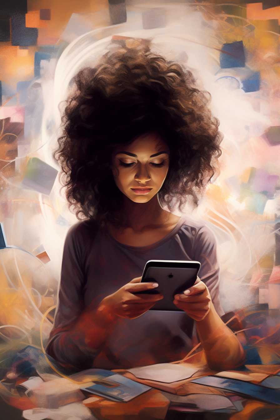 An illustration of a girl using a cell phone.