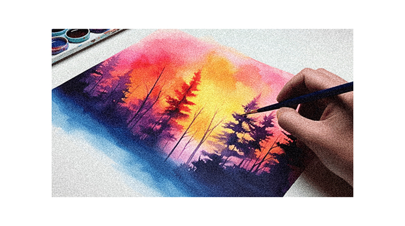 A person is painting a watercolor painting of a forest.