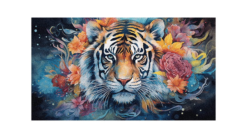 A painting of a tiger with flowers on it.